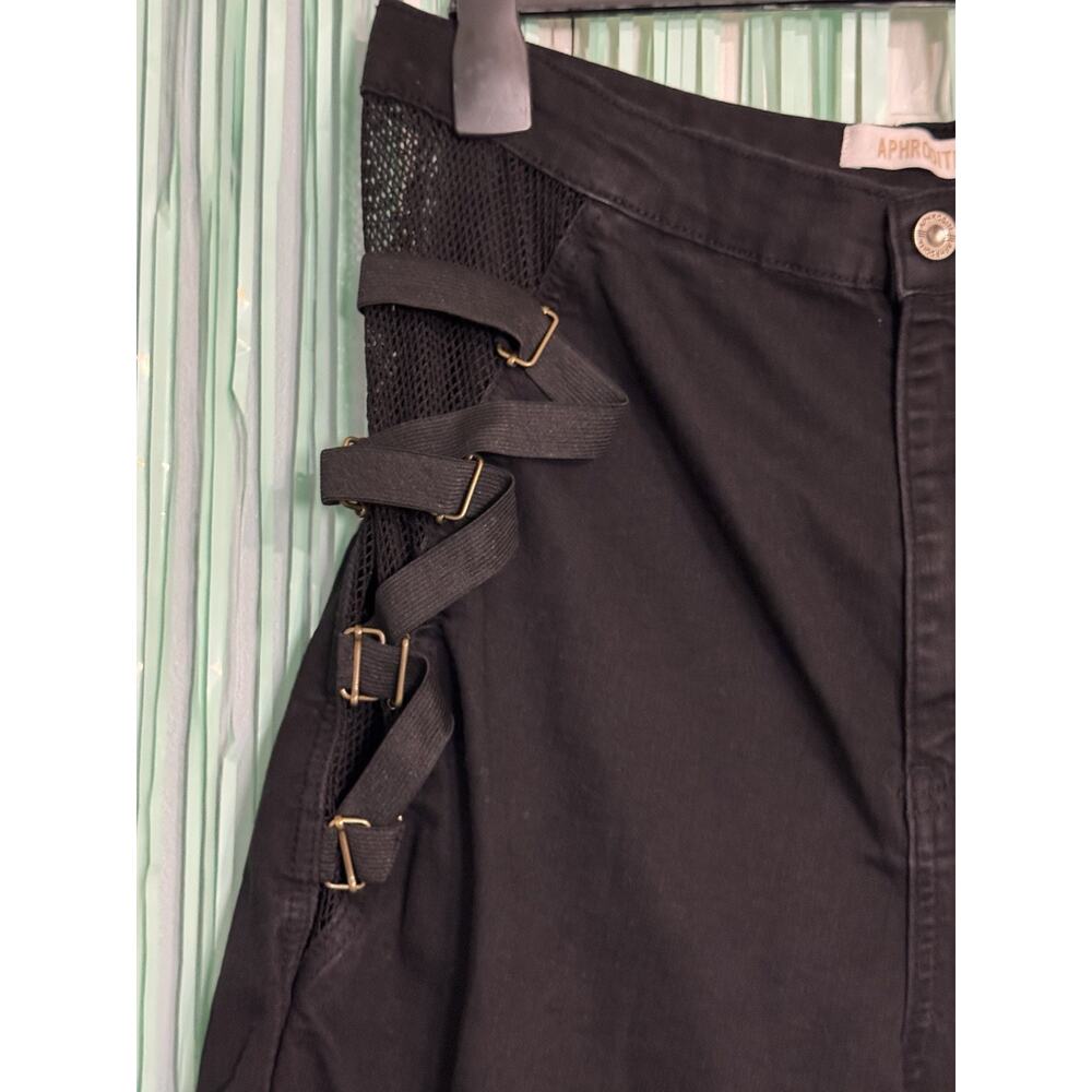 Aphrodite Black Bermuda Shorts, Elastic Fishnet Sides, Straps, Cut Off, 2XL - Picture 2 of 7